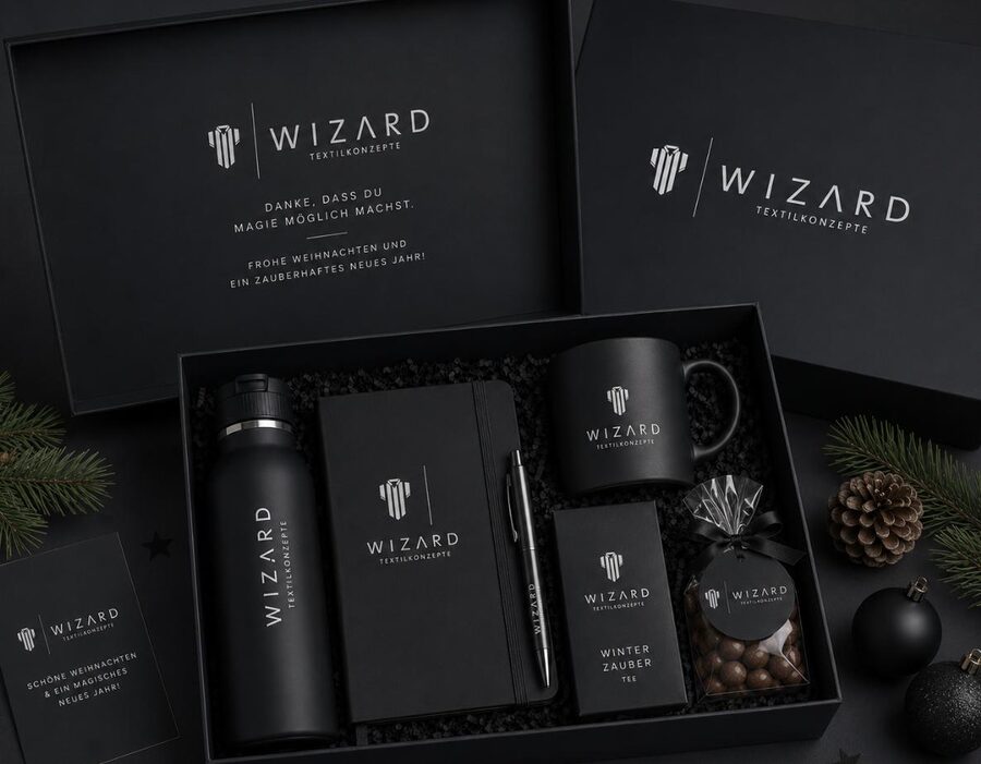 Homeoffice-Box mit Trinkflasche, Notizbuch, Tasse und Wintertee – Weihnachtsgeschenk mit Logoveredelung von Wizard
