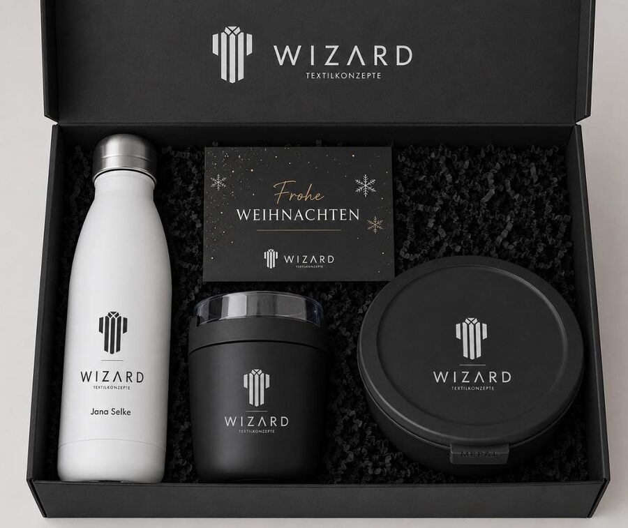 Lunch-Box mit Isolierflasche, Mepal Foodpot und Lunchbox sowie Weihnachtskarte – Weihnachtsgeschenk mit Logoveredelung von Wizard