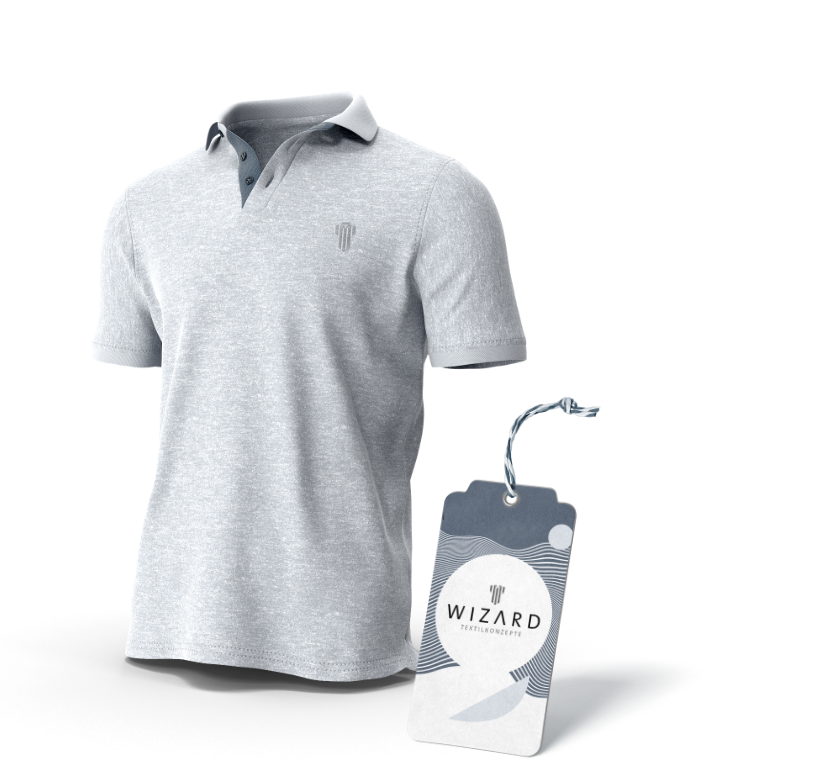 Veredeltes Polo-Shirt mit Wizard GmbH Hangtag – Beispiel für professionelle Textilveredelung